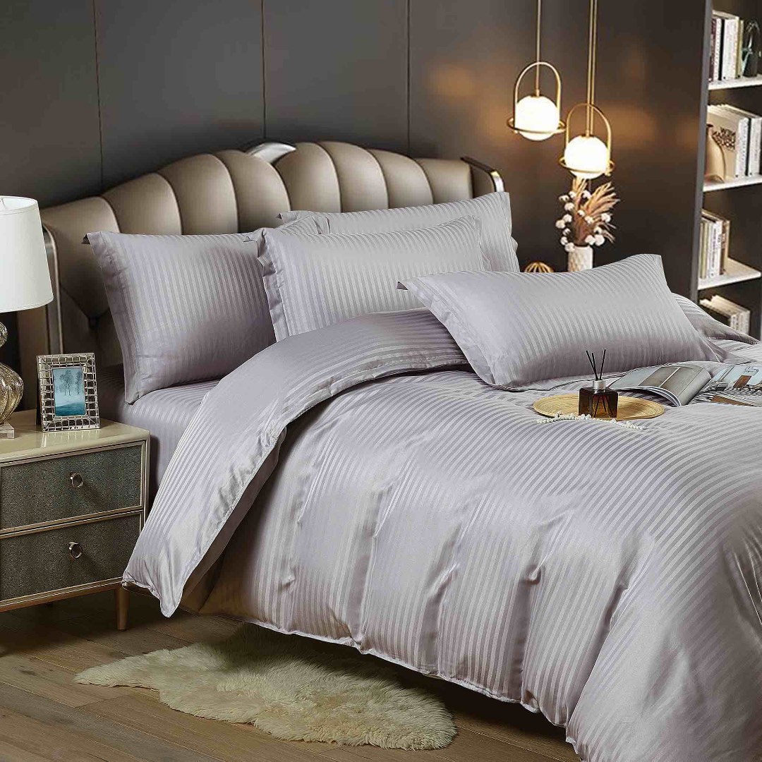 Lenjerie HoReCa, pat dublu, Damasc Finetat Deluxe cu Elastic, 6 piese, Jojo Home, Gri - imagine 3