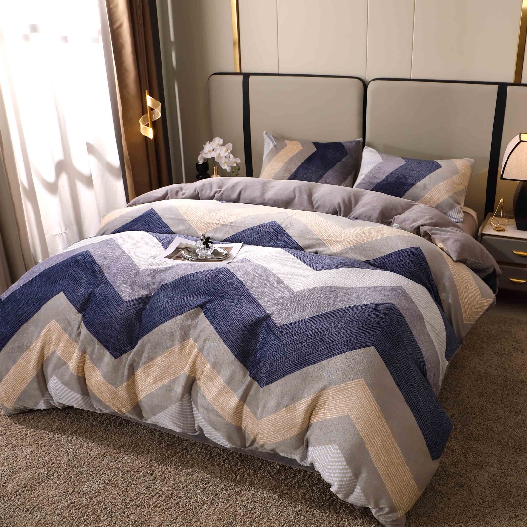 Lenjerie pat dublu, Super Pufoasa COCOLINO, 4 piese, Bleumarin, Gri, Zig-Zag - imagine 3