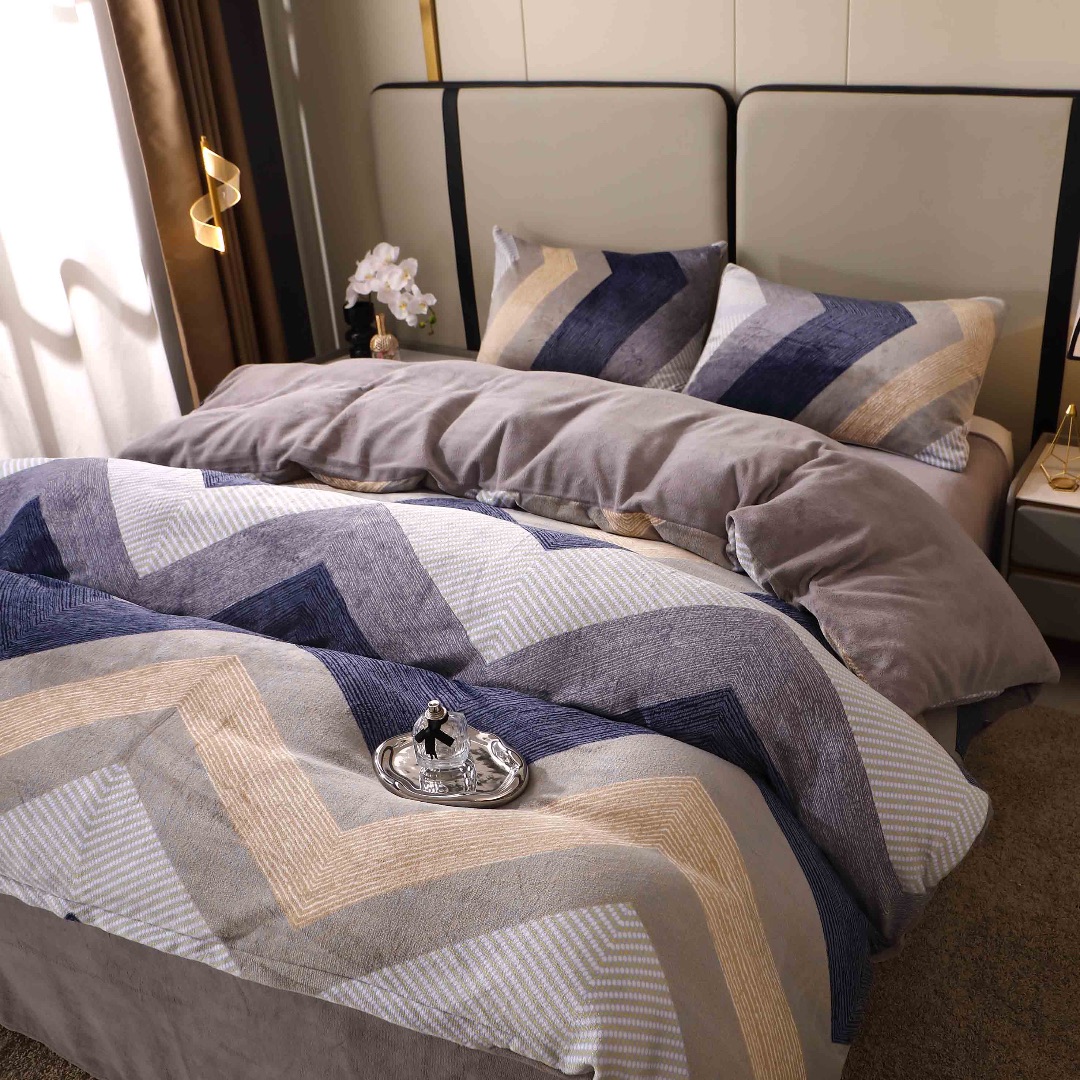 Lenjerie pat dublu, Super Pufoasa COCOLINO, 4 piese, Bleumarin, Gri, Zig-Zag - imagine 4