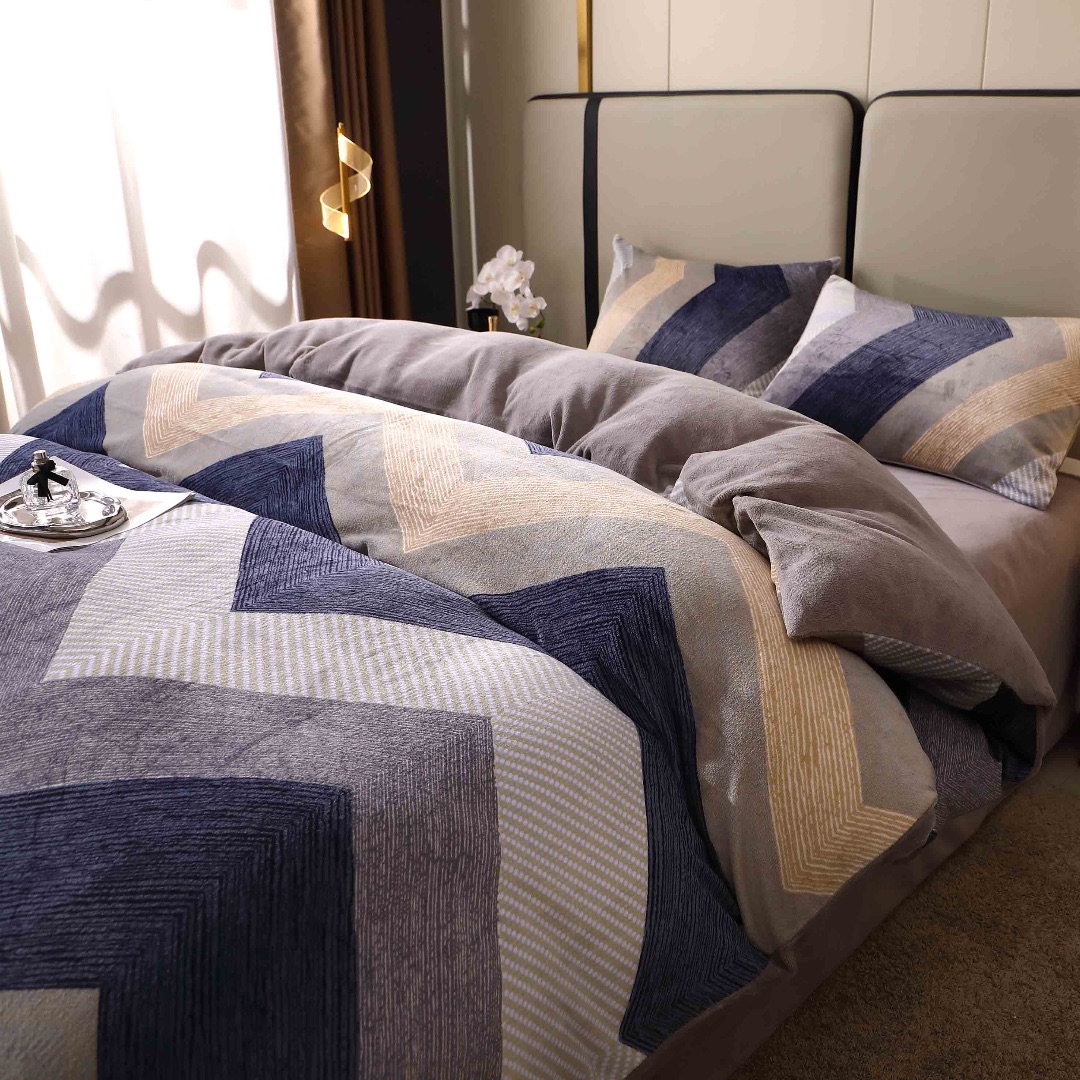 Lenjerie pat dublu, Super Pufoasa COCOLINO, 4 piese, Bleumarin, Gri, Zig-Zag - imagine 6