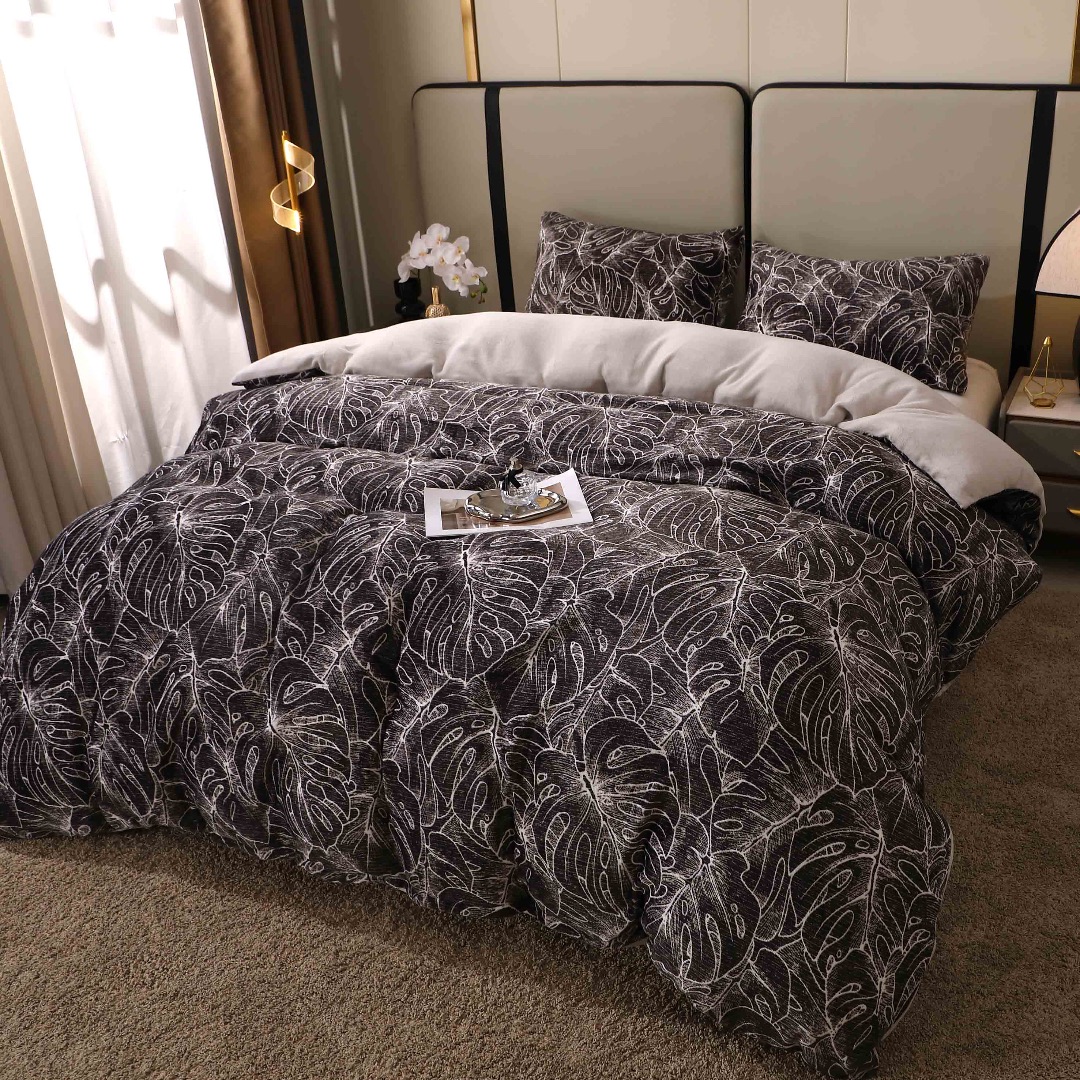 Lenjerie pat dublu, Super Pufoasa COCOLINO, 4 piese, Negru, Alb, Frunze - imagine 5