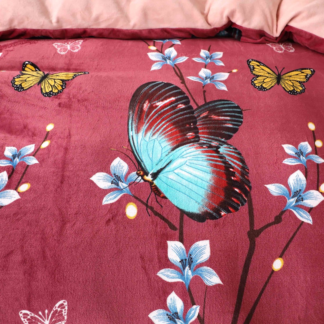 Poze Lenjerie pat dublu, Super Pufoasa COCOLINO, 4 piese, Grena, Fluturi cumparamisim.ro