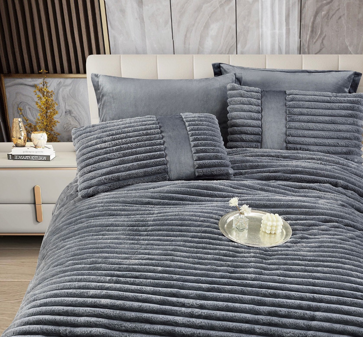 Poze Lenjerie de pat cu Pilota Inclusa, Jojo Home, Cearceaf cu Elastic, 6 Piese, Blana de Iepure Artificiala, Gri cumparamisim.ro