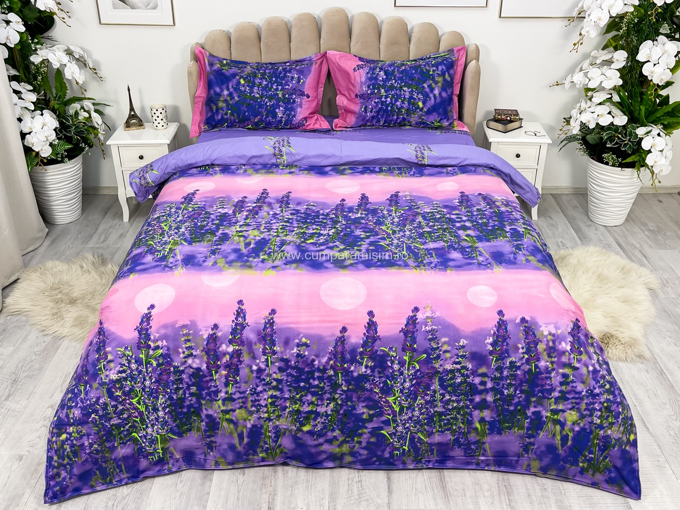 Poze Lenjerie pat dublu,  IMPRIMEU 3D DIGITAL, IDENTIC CU POZA, Mov, lavanda cumparamisim.ro