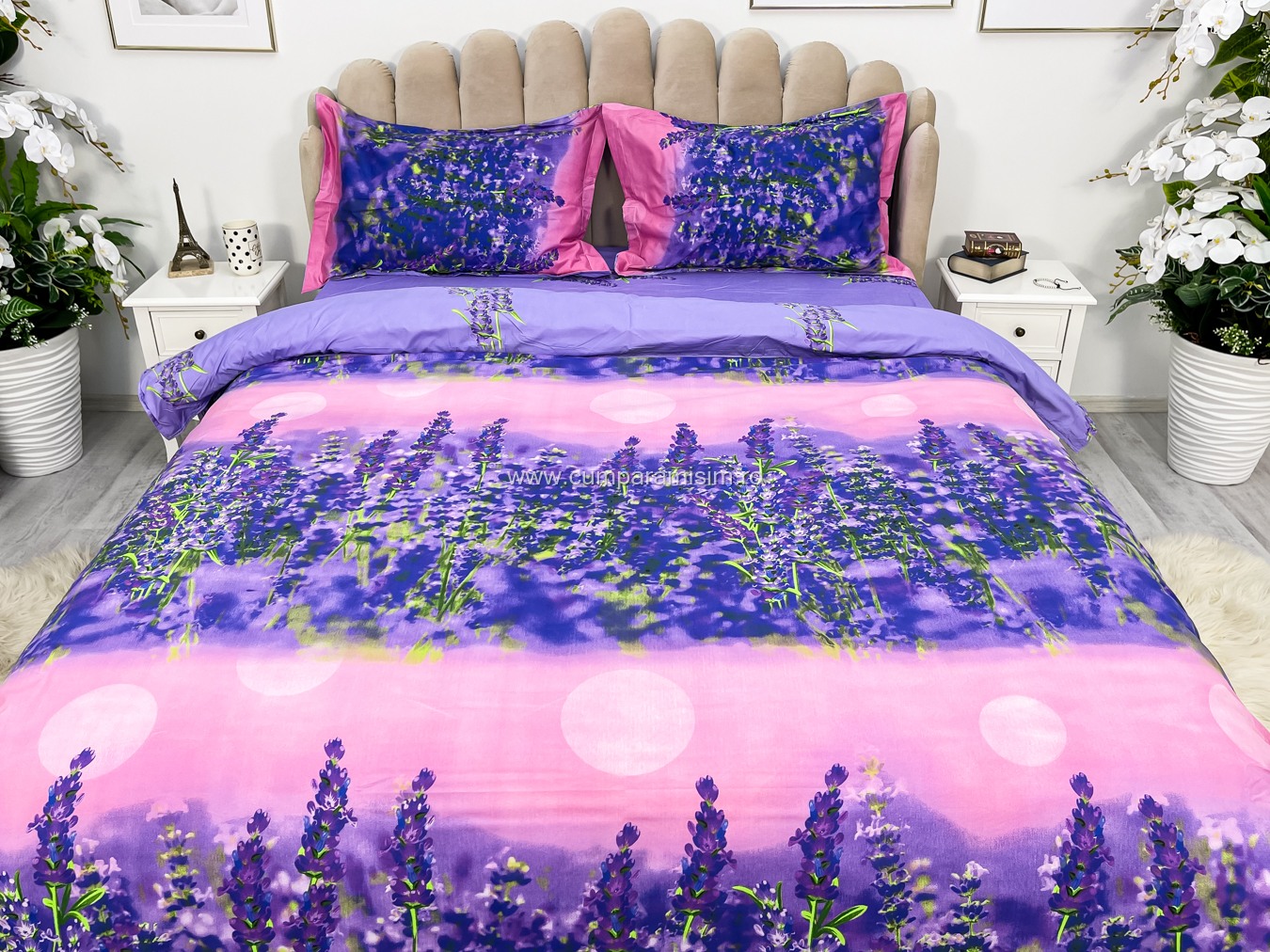 Poze Lenjerie pat dublu,  IMPRIMEU 3D DIGITAL, IDENTIC CU POZA, Mov, lavanda cumparamisim.ro