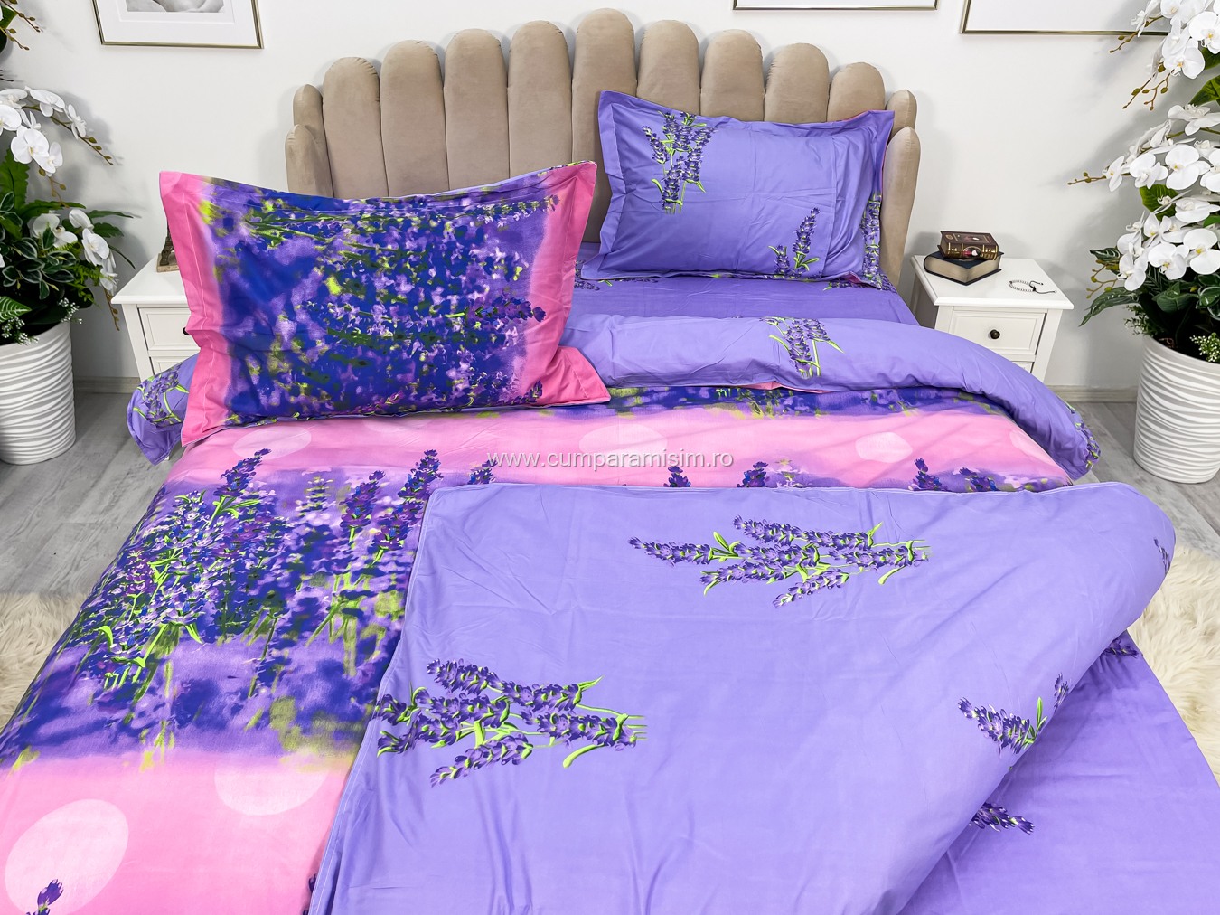 Poze Lenjerie pat dublu,  IMPRIMEU 3D DIGITAL, IDENTIC CU POZA, Mov, lavanda cumparamisim.ro