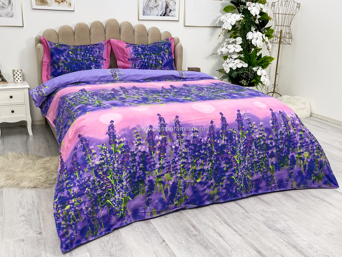 Poze Lenjerie pat dublu,  IMPRIMEU 3D DIGITAL, IDENTIC CU POZA, Mov, lavanda cumparamisim.ro