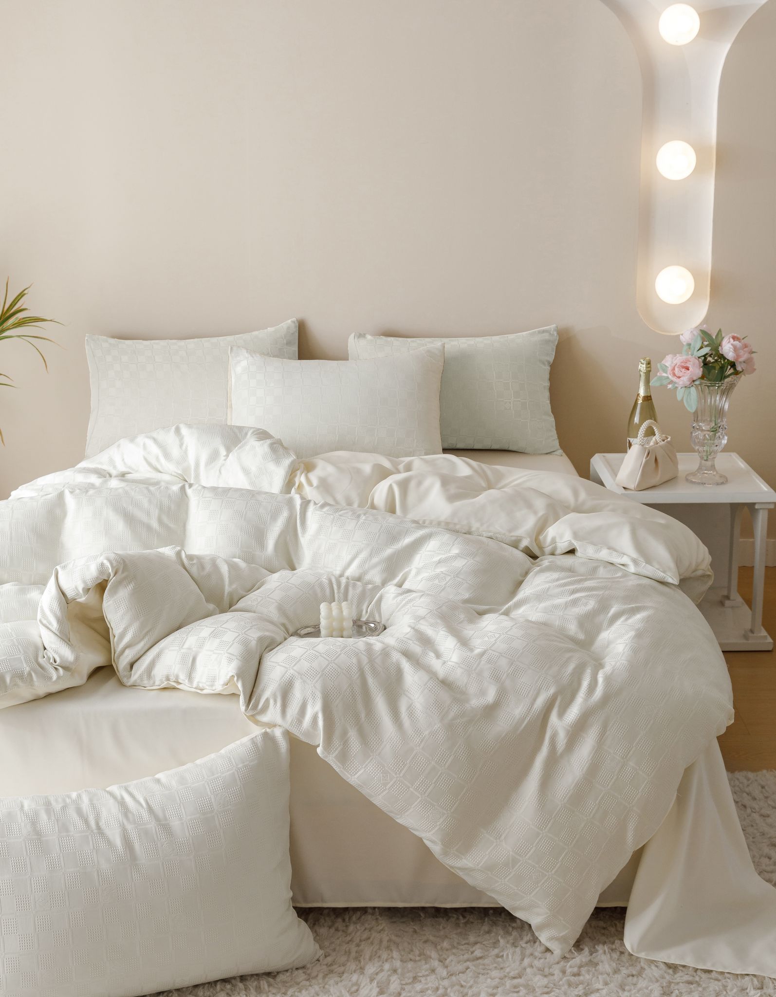 Poze Lenjerie pat dublu, JACQUARD FINETAT, 6 piese, Jojo Home, Crem cumparamisim.ro