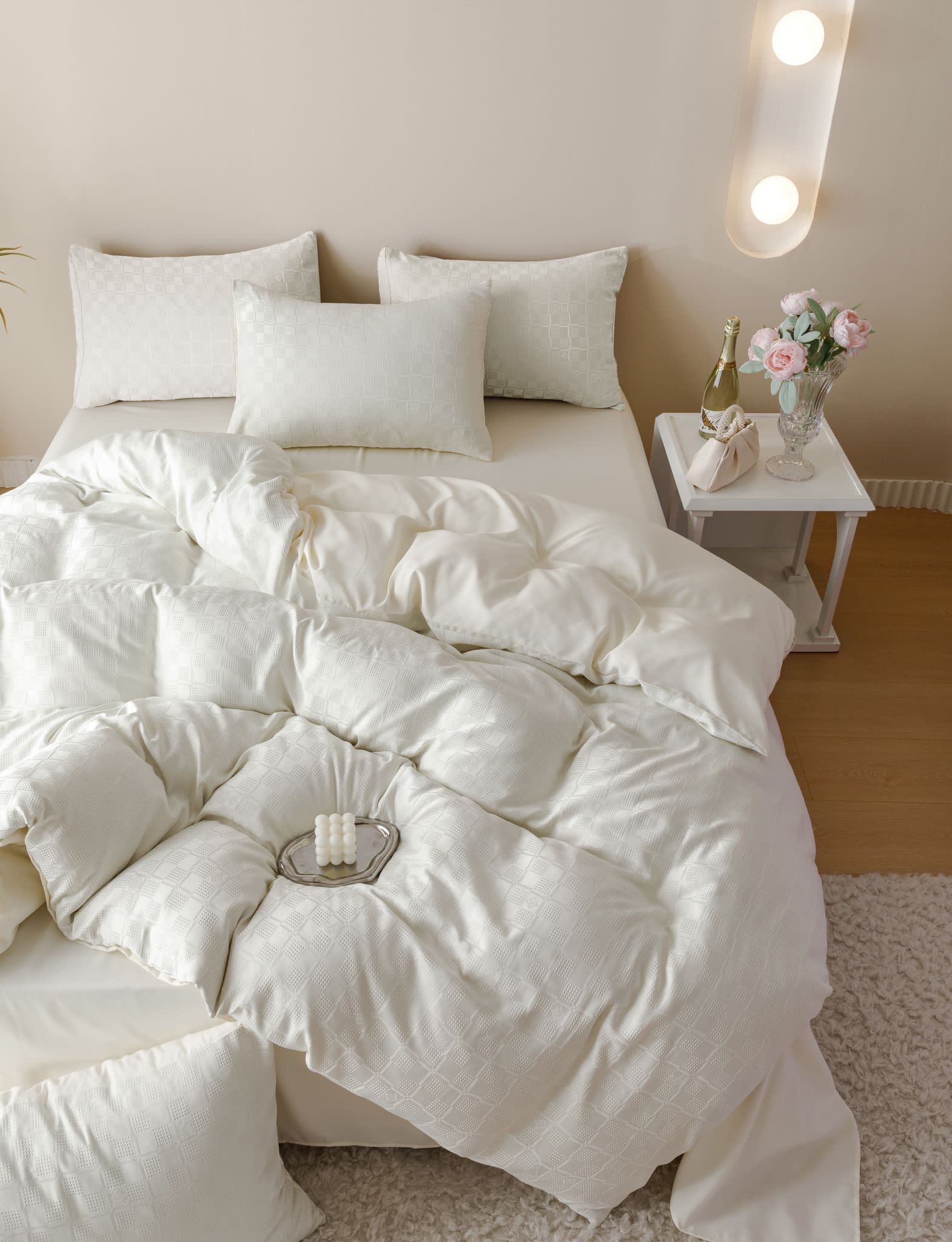 Poze Lenjerie pat dublu, JACQUARD FINETAT, 6 piese, Jojo Home, Crem cumparamisim.ro