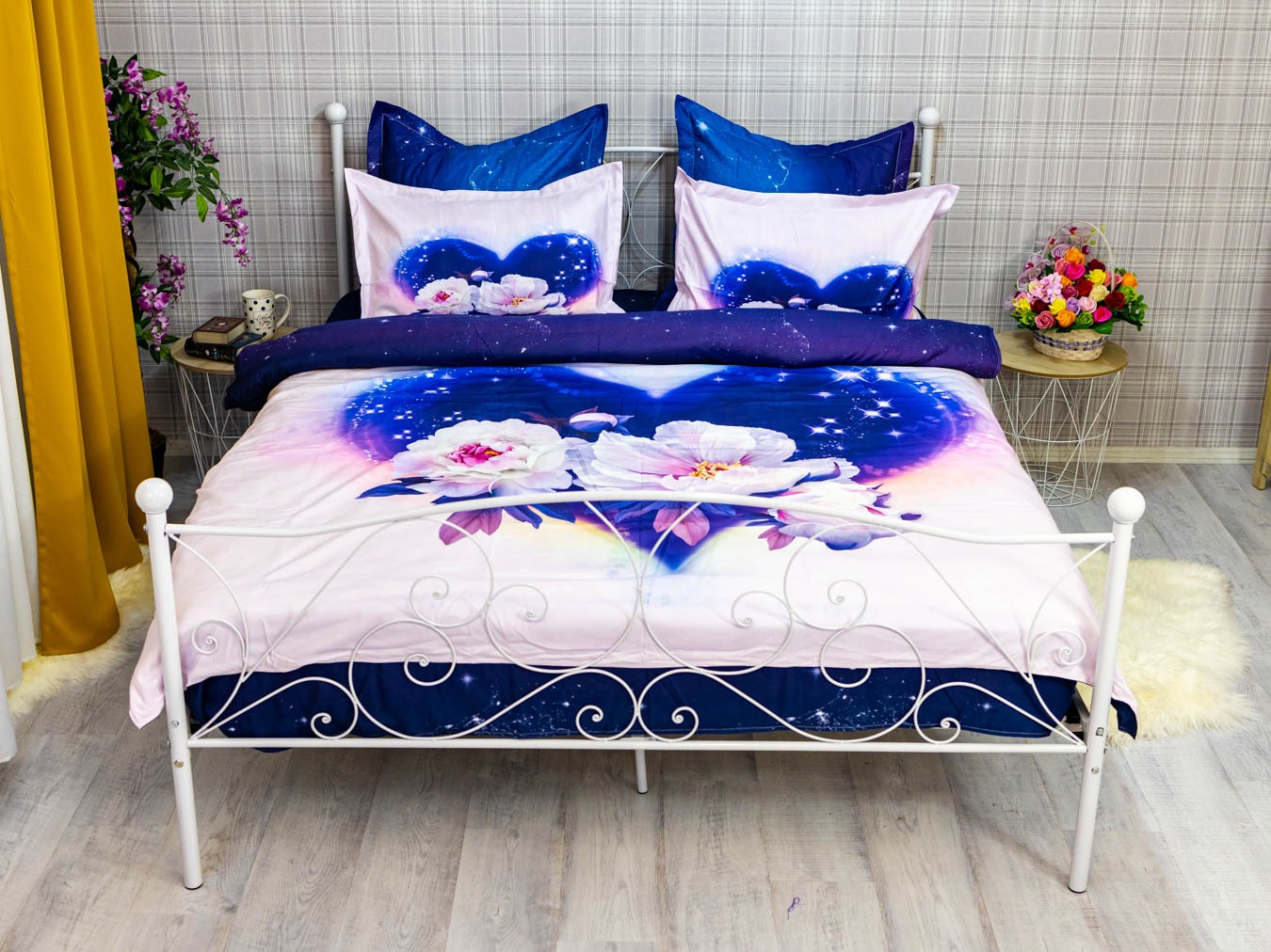 Poze Lenjerie pat dublu,  FINET, 6 piese, IDENTICA CU POZA, Mov, flori cumparamisim.ro