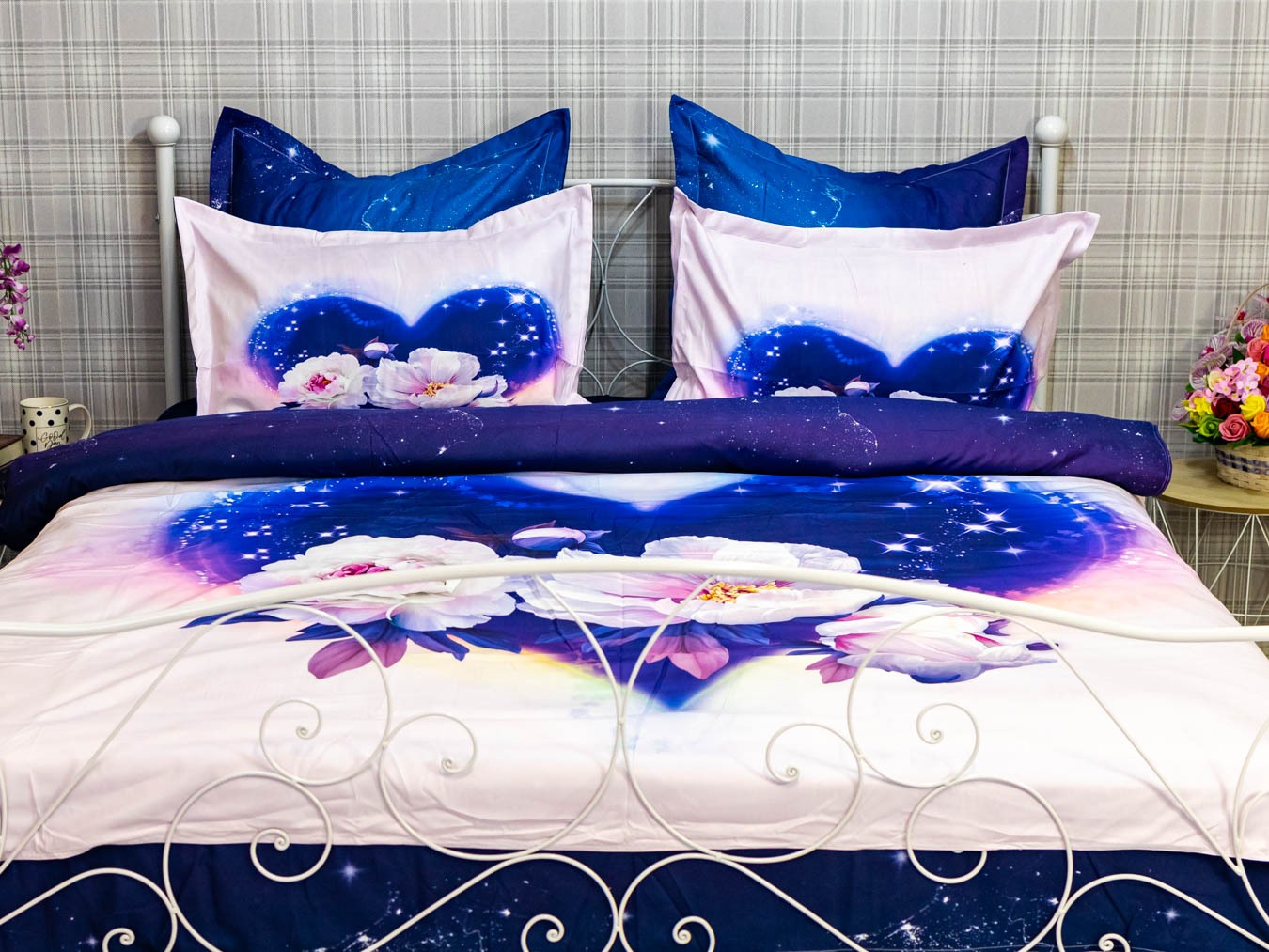 Poze Lenjerie pat dublu,  FINET, 6 piese, IDENTICA CU POZA, Mov, flori cumparamisim.ro