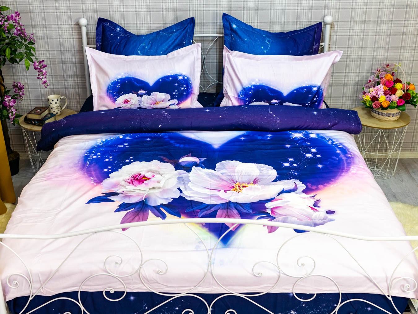 Poze Lenjerie pat dublu,  FINET, 6 piese, IDENTICA CU POZA, Mov, flori cumparamisim.ro