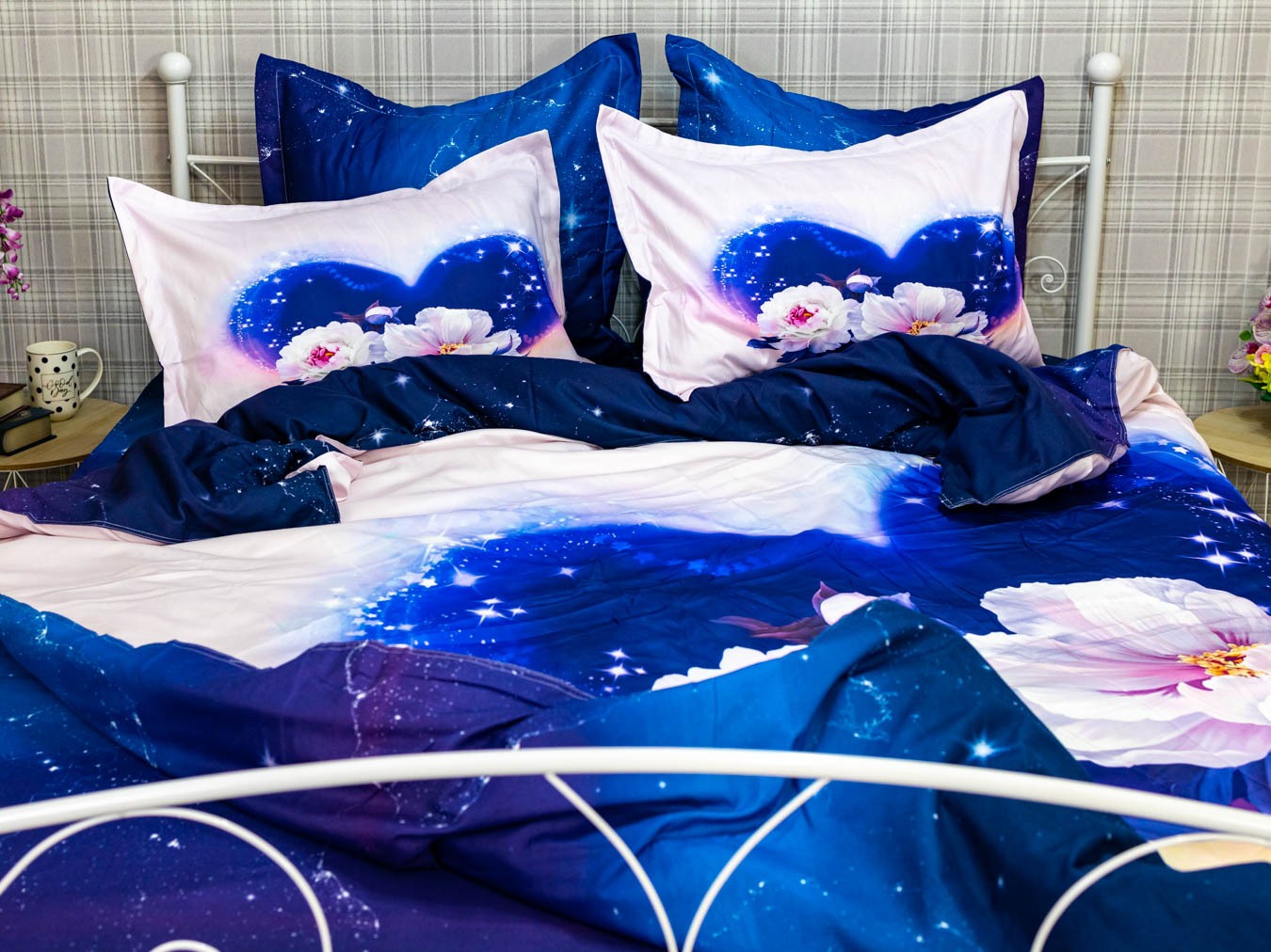 Poze Lenjerie pat dublu,  FINET, 6 piese, IDENTICA CU POZA, Mov, flori cumparamisim.ro