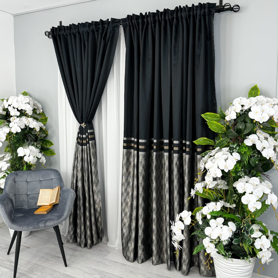 Poze Set 2 Draperii Lines, Satinata, Texturata, Negru, 140cm latime x 260cm inaltime, cu tiv lat pt bara cumparamisim.ro