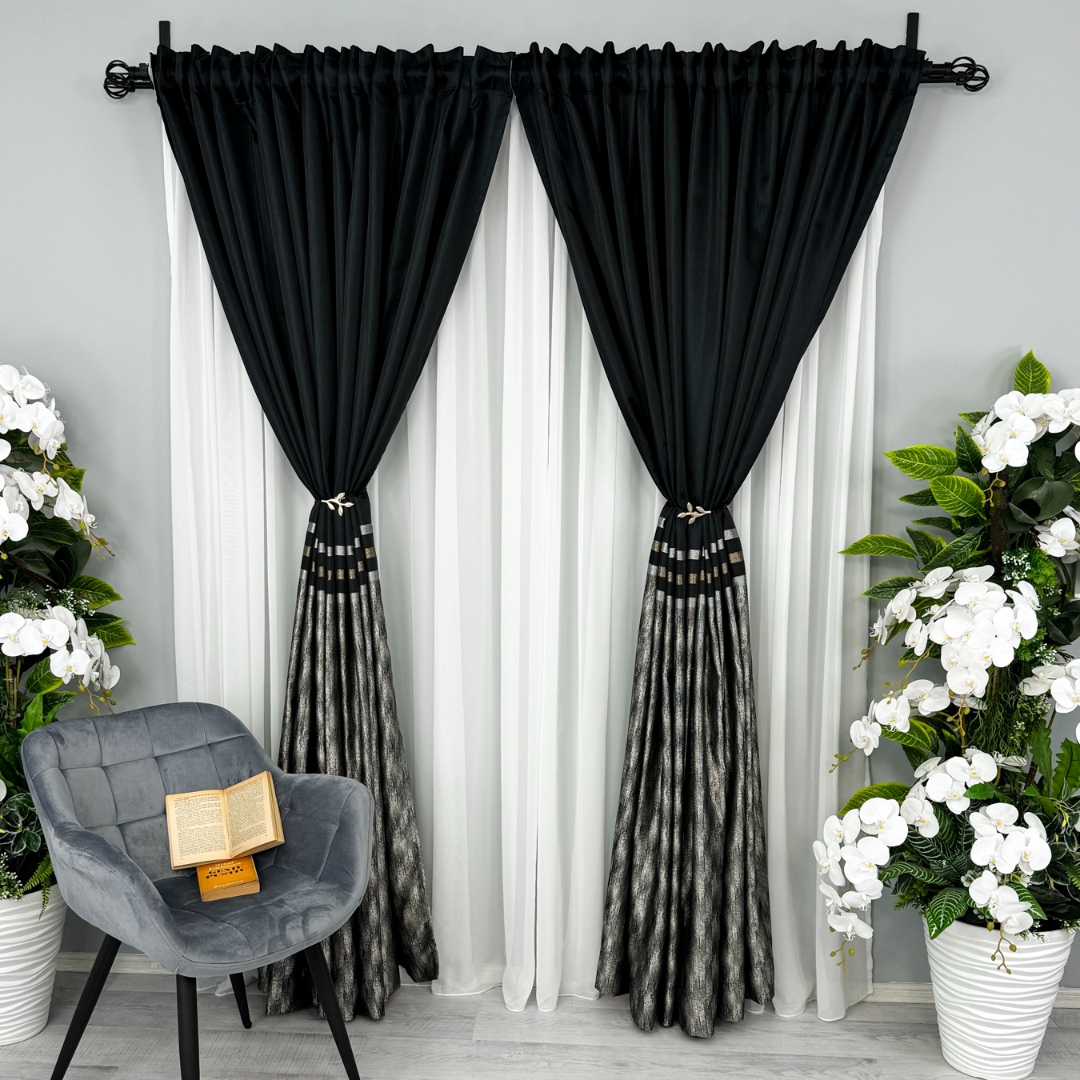 Poze Set 2 Draperii Lines, Satinata, Texturata, Negru, 140cm latime x 260cm inaltime, cu tiv lat pt bara cumparamisim.ro