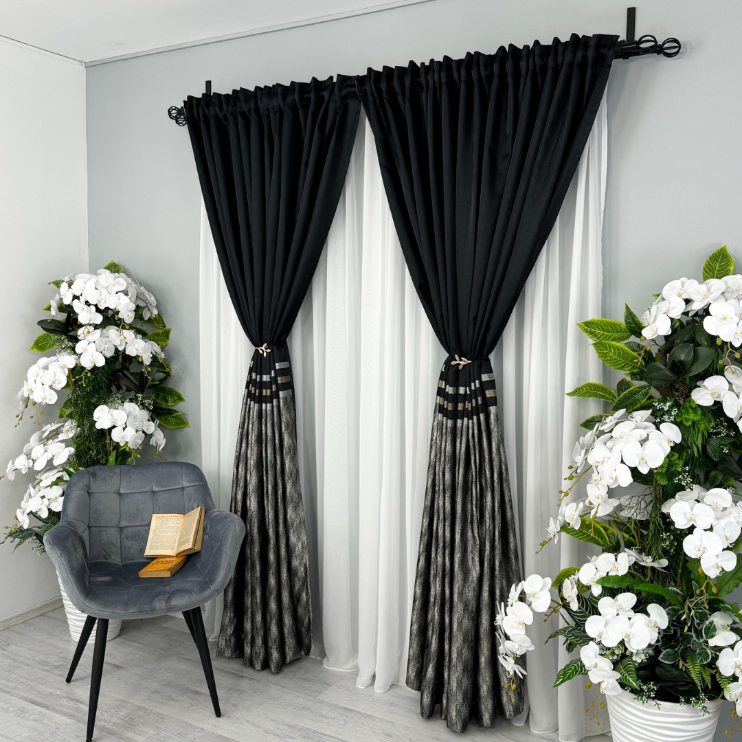 Poze Set 2 Draperii Lines, Satinata, Texturata, Negru, 140cm latime x 260cm inaltime, cu tiv lat pt bara cumparamisim.ro