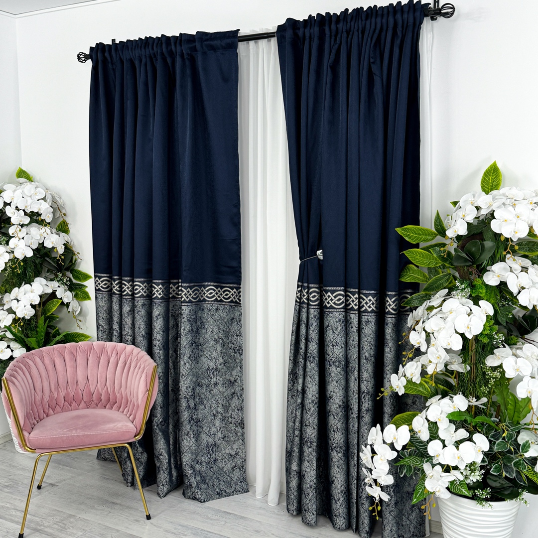 Poze Set 2 Draperii Royal, Satinata, Texturata, Bleumarin cu Gri, 140cm latime x 260cm inaltime, cu tiv lat pt bara cumparamisim.ro