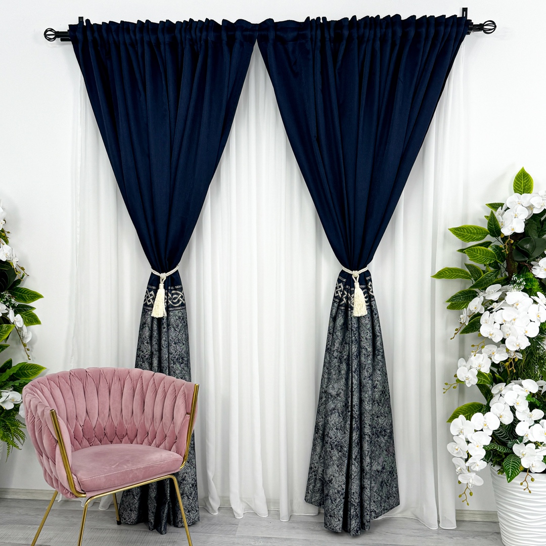 Poze Set 2 Draperii Royal, Satinata, Texturata, Bleumarin cu Gri, 140cm latime x 260cm inaltime, cu tiv lat pt bara cumparamisim.ro