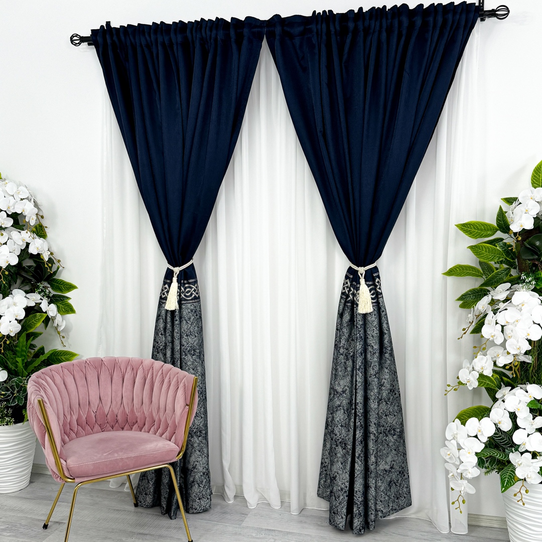 Poze Set 2 Draperii Royal, Satinata, Texturata, Bleumarin cu Gri, 140cm latime x 260cm inaltime, cu tiv lat pt bara cumparamisim.ro