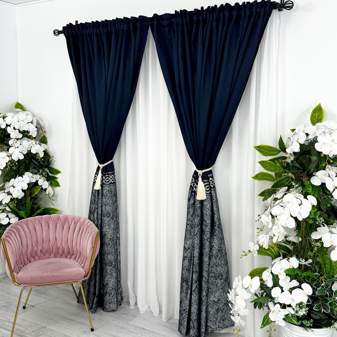 Poze Set 2 Draperii Royal, Satinata, Texturata, Bleumarin cu Gri, 140cm latime x 260cm inaltime, cu tiv lat pt bara cumparamisim.ro