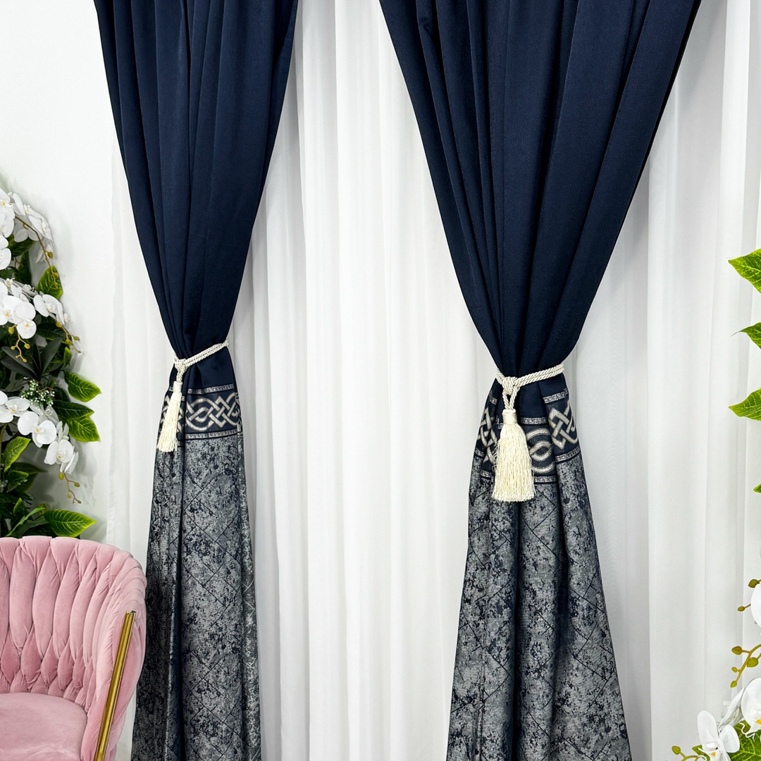 Poze Set 2 Draperii Royal, Satinata, Texturata, Bleumarin cu Gri, 140cm latime x 260cm inaltime, cu tiv lat pt bara cumparamisim.ro