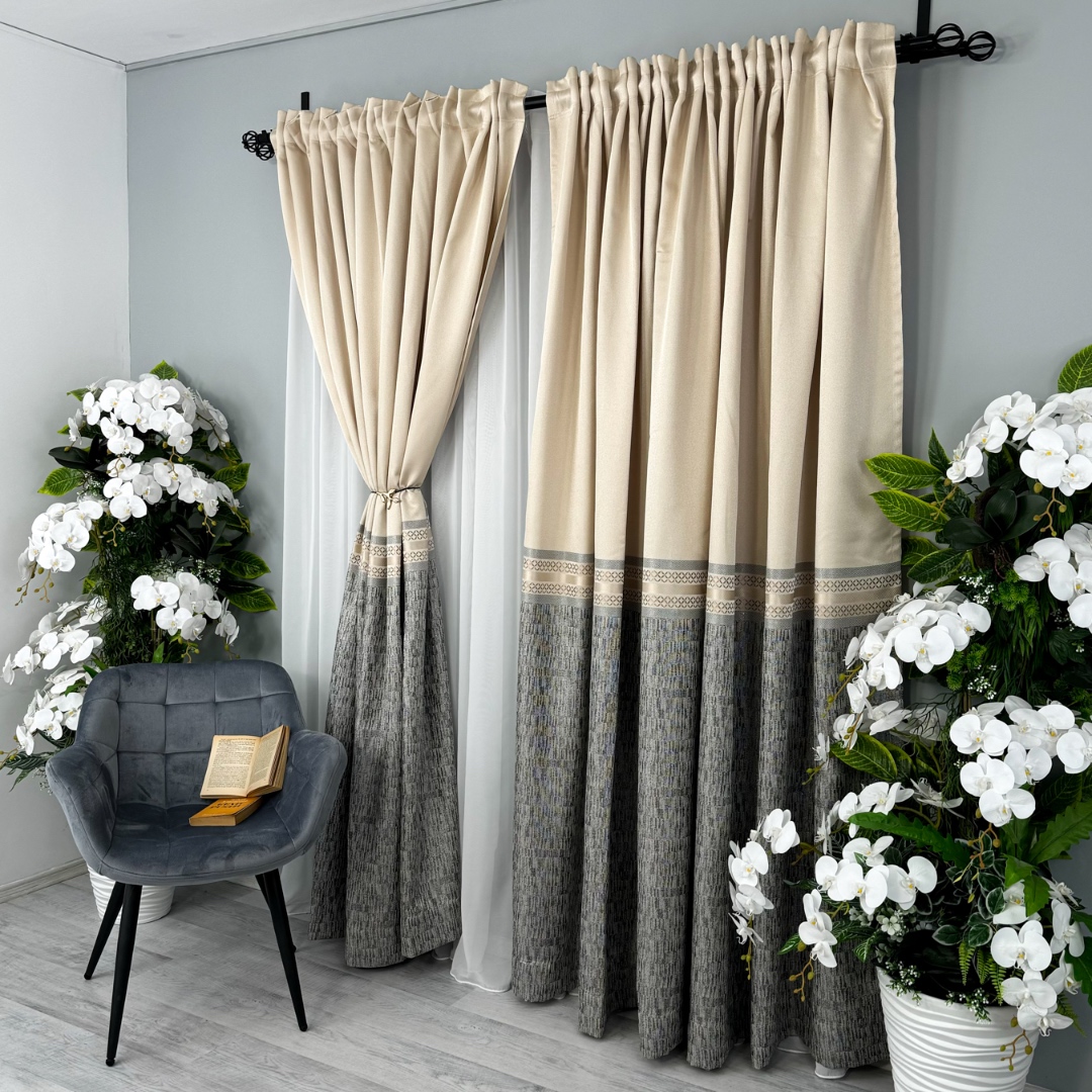 Poze Set 2 Draperii Simplicity, Satinata, Texturata, Crem cu Gri, 140cm latime x 260cm inaltime, cu tiv lat pt bara cumparamisim.ro