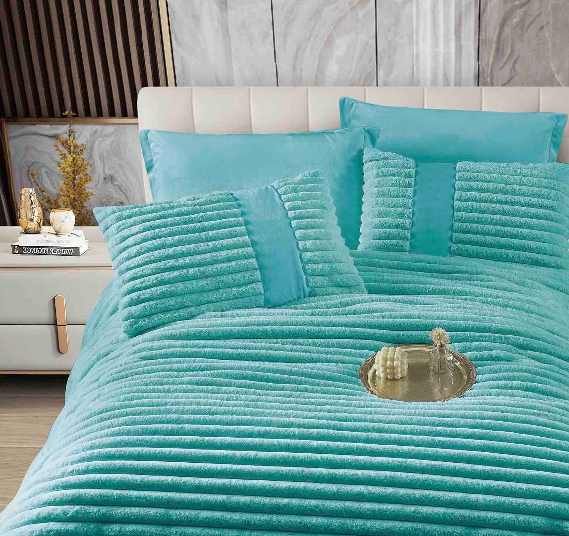 Poze Lenjerie de pat cu Pilota Inclusa, Jojo Home, Cearceaf cu Elastic, 6 Piese, Blana de Iepure Artificiala, Bleu cumparamisim.ro