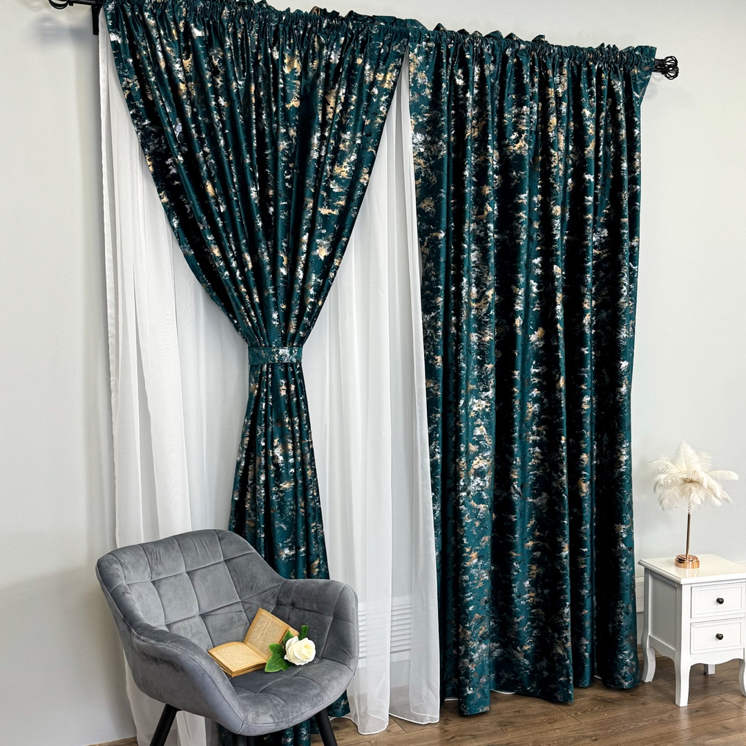 Draperie Catifea Nikko cu insertii aurii, 140cm latime x 260cm inaltime, cu TIV LAT, Turquoise - V36 - view 3