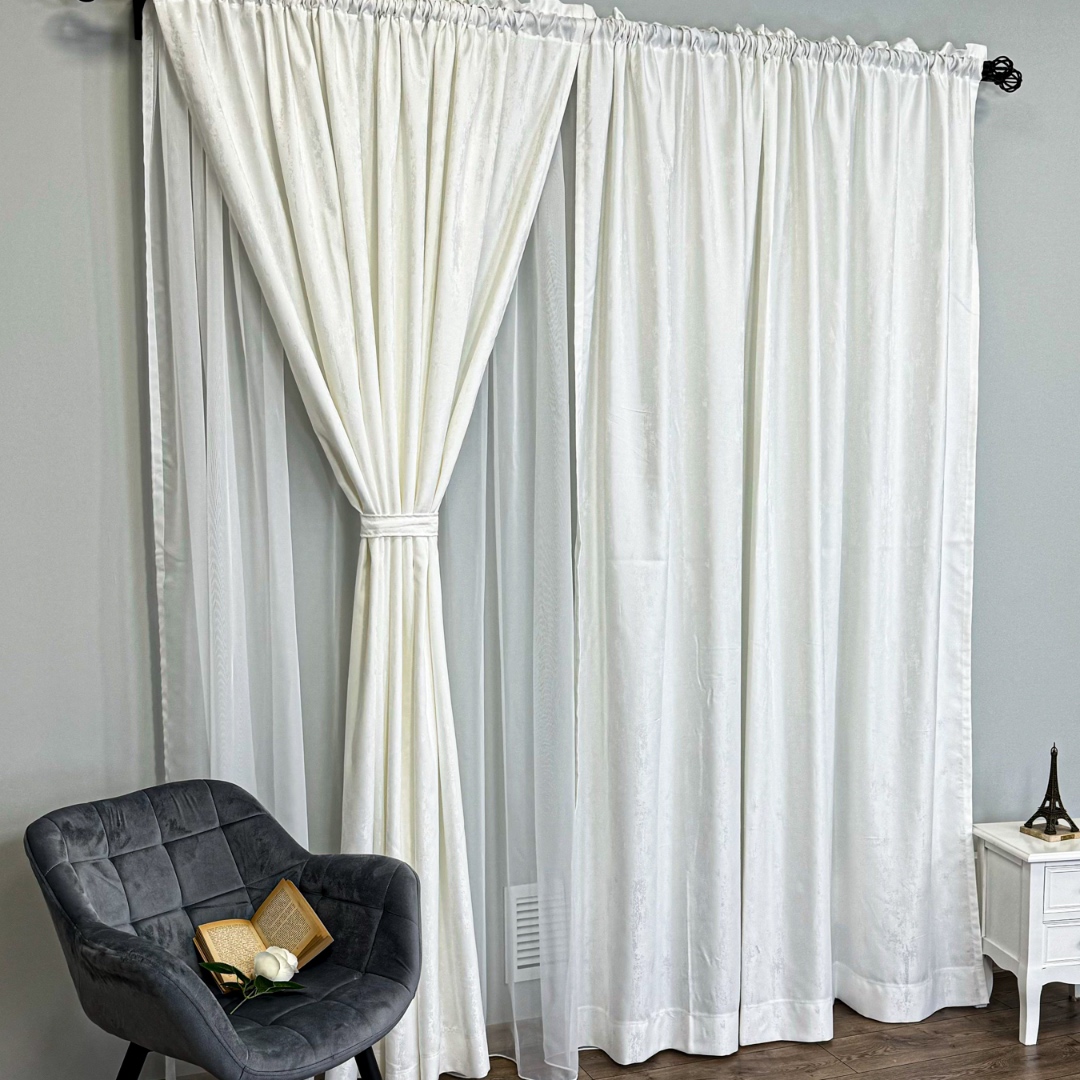 Poze Set 2  Draperii din Jacquard model Nisip, 140cm latime x 260cm inaltime, cu TIV LAT, ALB cumparamisim.ro