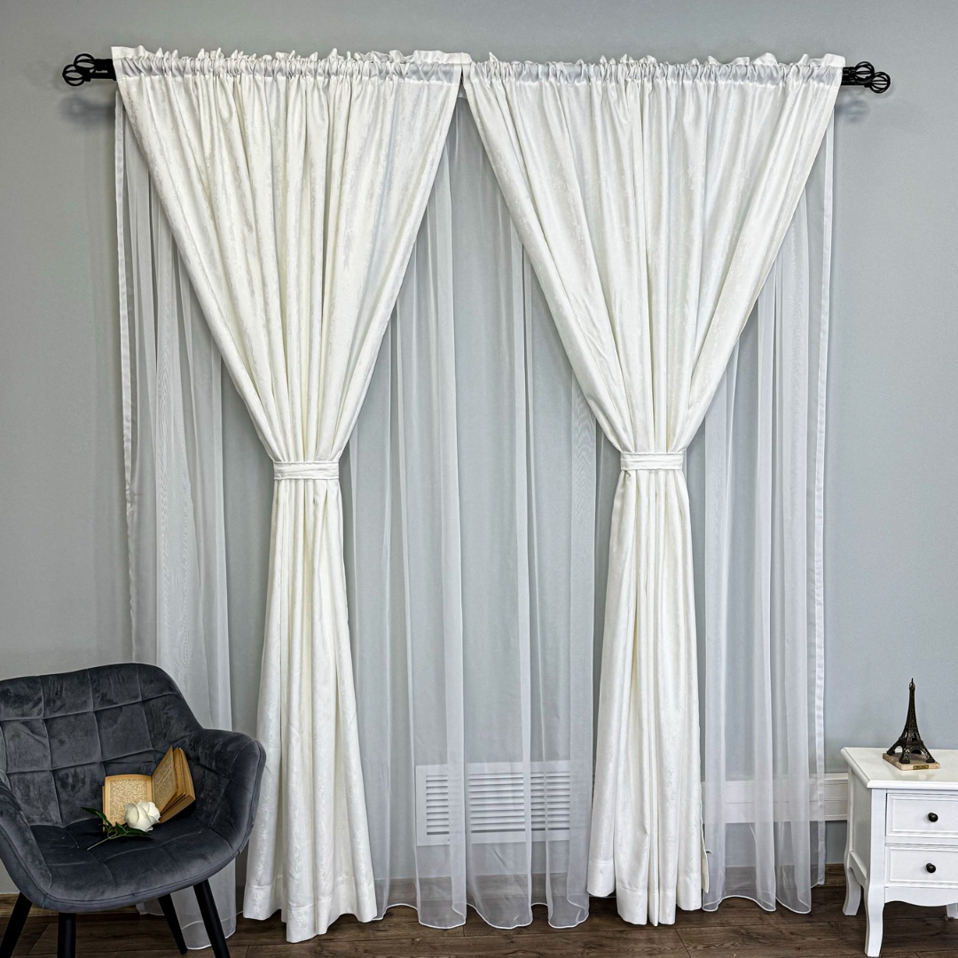 Poze Set 2  Draperii din Jacquard model Nisip, 140cm latime x 260cm inaltime, cu TIV LAT, ALB cumparamisim.ro