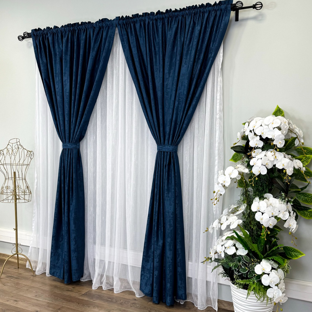 Poze Set 2 Draperii din Jacquard model Nisip, 140cm latime x 260cm inaltime, cu TIV LAT, BLEUMARIN cumparamisim.ro