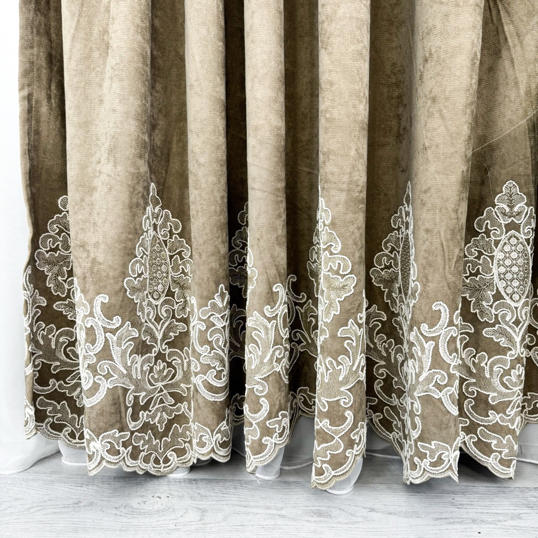 Poze Set 2 Draperii Blackout 80%, din Catifea cu Broderie, 140cm latime x 260cm inaltime, cu TIV LAT, Elite V2, Bej cumparamisim.ro