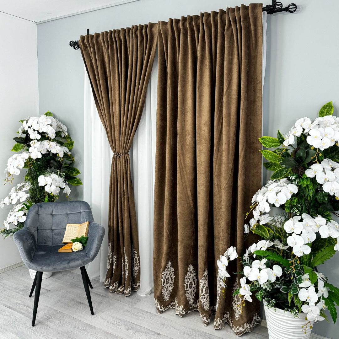 Poze Draperie Blackout 80%, din Catifea cu Broderie, 140cm latime x 260cm inaltime, cu TIV LAT, Elite V3, Maro cumparamisim.ro
