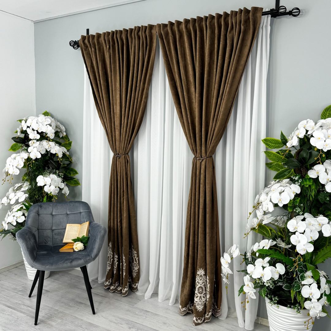 Poze Draperie Blackout 80%, din Catifea cu Broderie, 140cm latime x 260cm inaltime, cu TIV LAT, Elite V3, Maro cumparamisim.ro