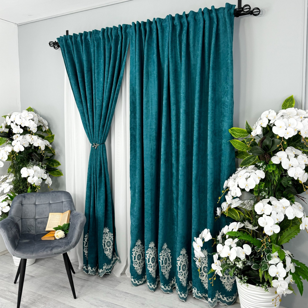 Poze Set 2 Draperii Blackout 80%, din Catifea cu Broderie, 140cm latime x 260cm inaltime, cu TIV LAT, Elite V3, Turquoise cumparamisim.ro