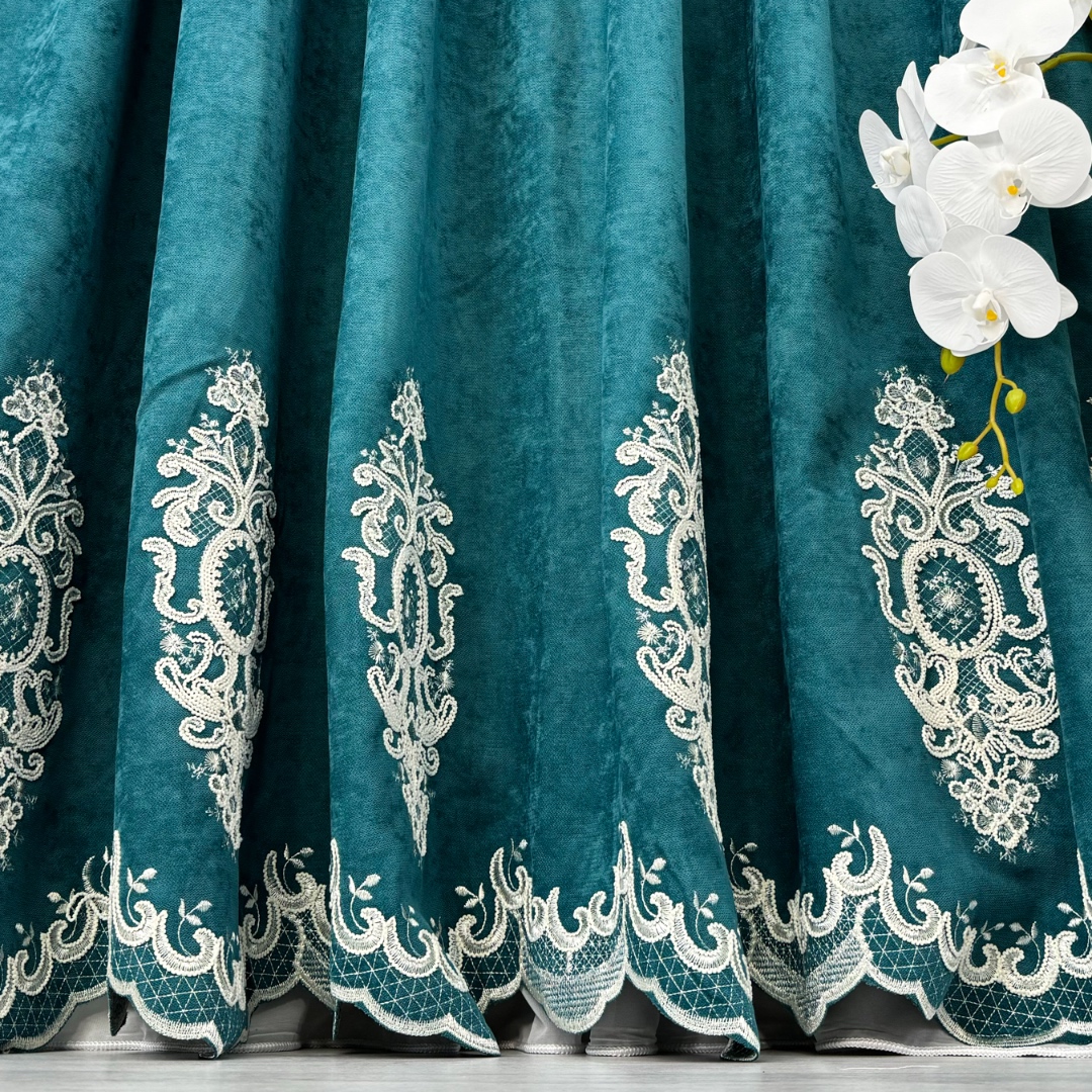Poze Set 2 Draperii Blackout 80%, din Catifea cu Broderie, 140cm latime x 260cm inaltime, cu TIV LAT, Elite V3, Turquoise cumparamisim.ro