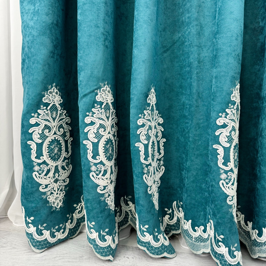 Poze Set 2 Draperii Blackout 80%, din Catifea cu Broderie, 140cm latime x 260cm inaltime, cu TIV LAT, Elite V3, Turquoise cumparamisim.ro