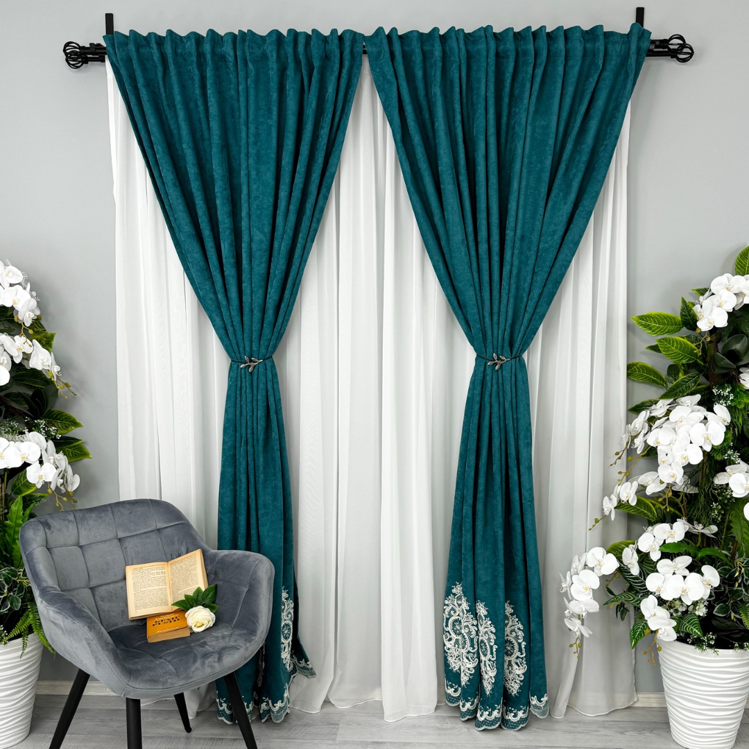 Poze Set 2 Draperii Blackout 80%, din Catifea cu Broderie, 140cm latime x 260cm inaltime, cu TIV LAT, Elite V3, Turquoise cumparamisim.ro
