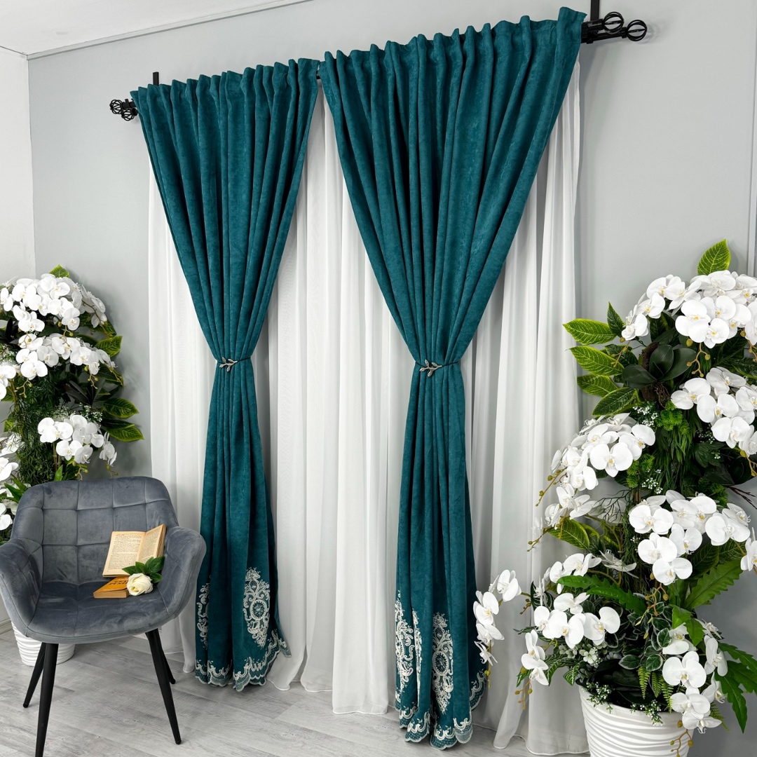 Poze Set 2 Draperii Blackout 80%, din Catifea cu Broderie, 140cm latime x 260cm inaltime, cu TIV LAT, Elite V3, Turquoise cumparamisim.ro