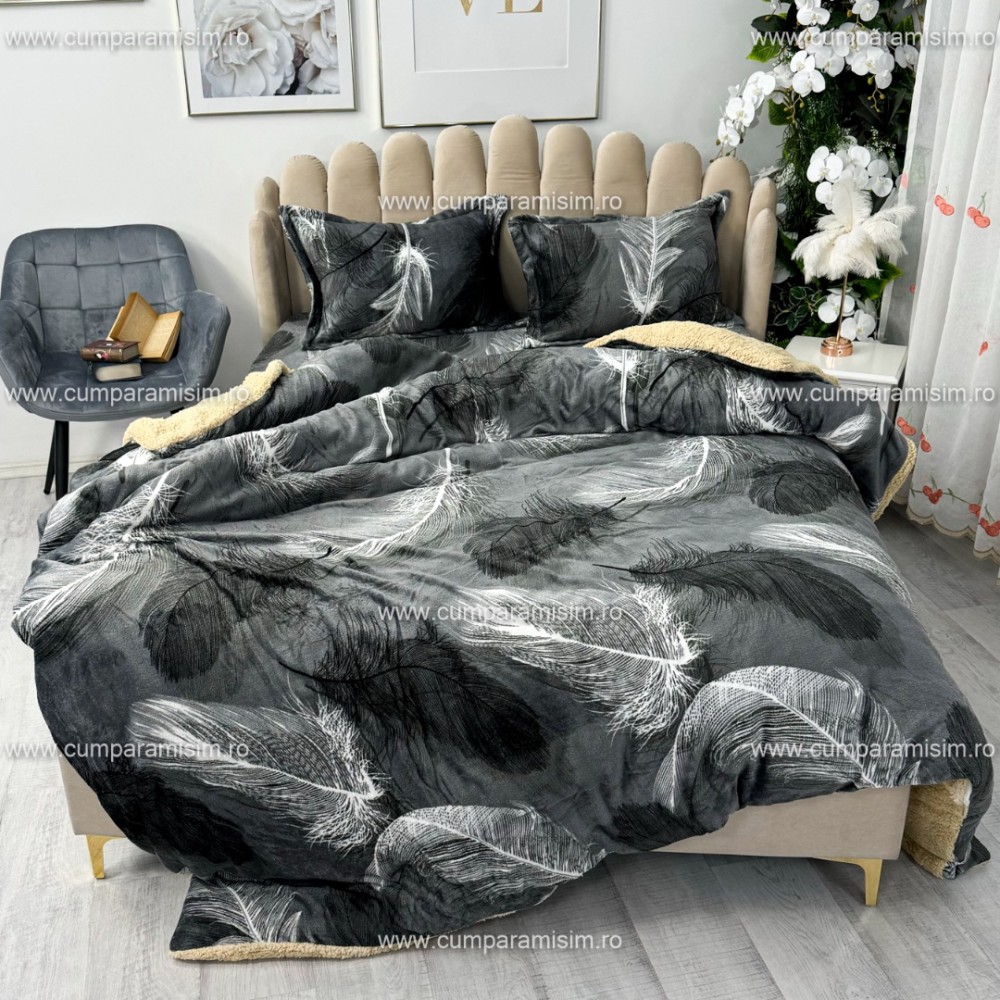 Lenjerie pat dublu, Super Pufoasa COCOLINO cu BLANITA, 4 piese, Gri, pene – imagine 2
