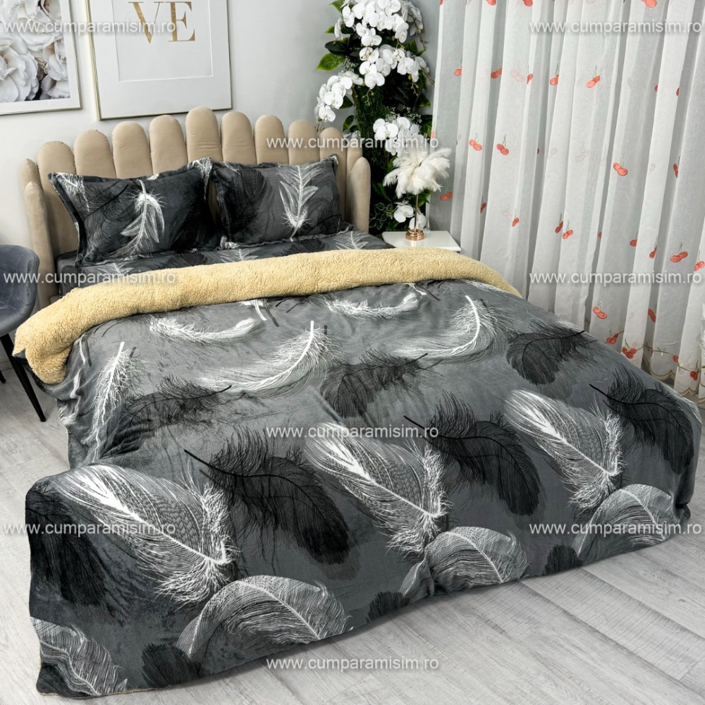 Lenjerie pat dublu, Super Pufoasa COCOLINO cu BLANITA, 4 piese, Gri, pene – imagine 3