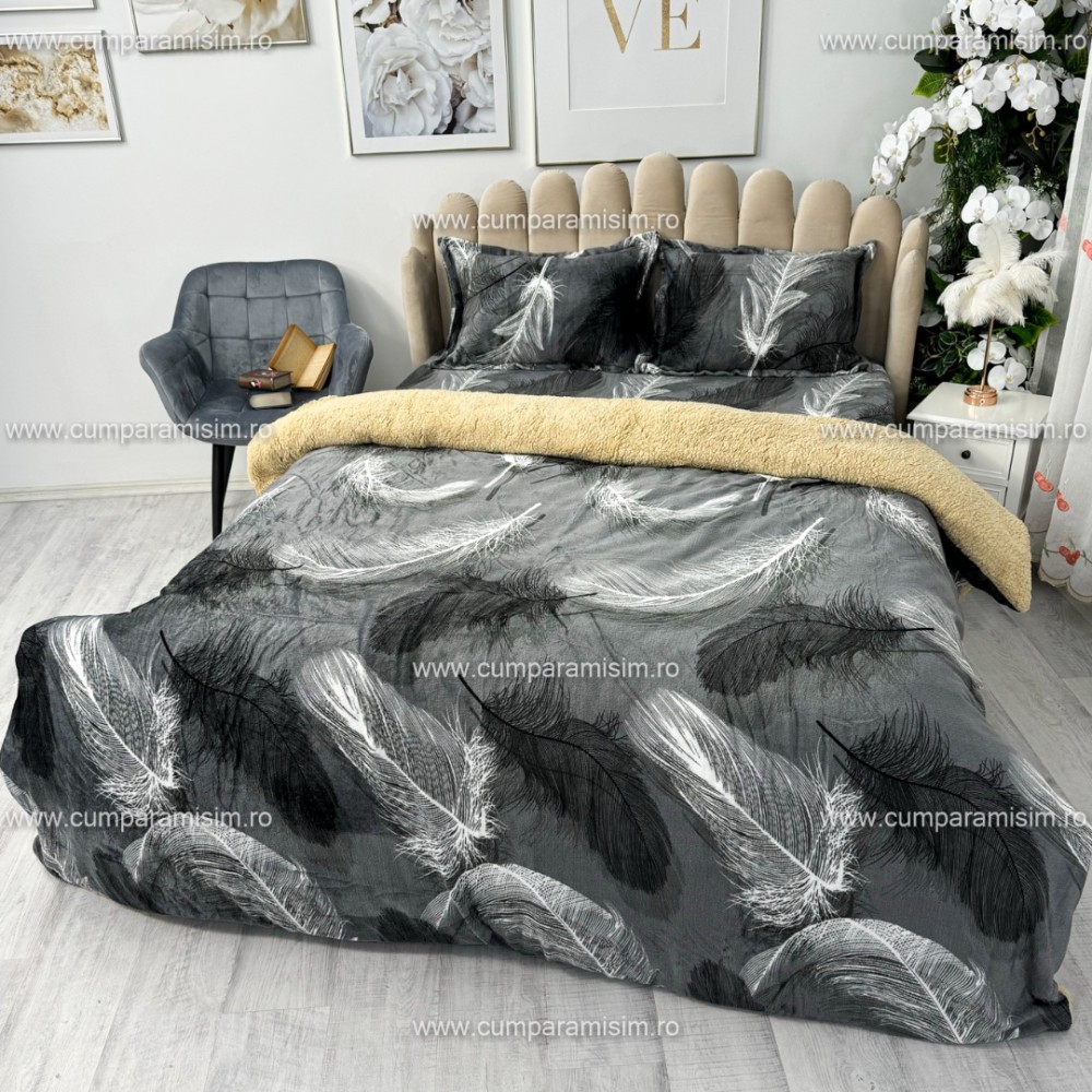 Lenjerie pat dublu, Super Pufoasa COCOLINO cu BLANITA, 4 piese, Gri, pene – imagine 4