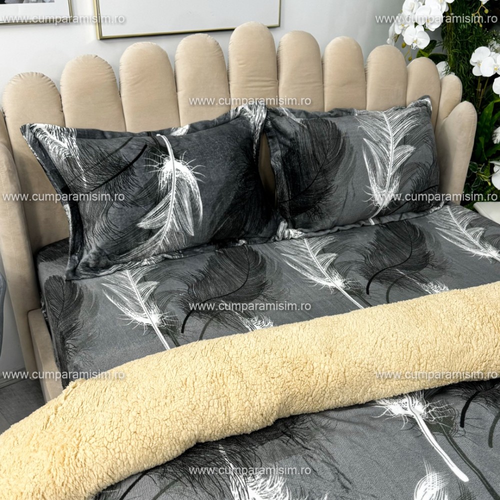Lenjerie pat dublu, Super Pufoasa COCOLINO cu BLANITA, 4 piese, Gri, pene – imagine 6