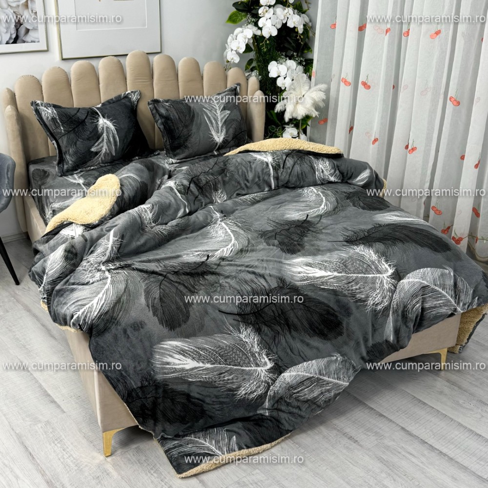 Lenjerie pat dublu, Super Pufoasa COCOLINO cu BLANITA, 4 piese, Gri, pene – imagine 7