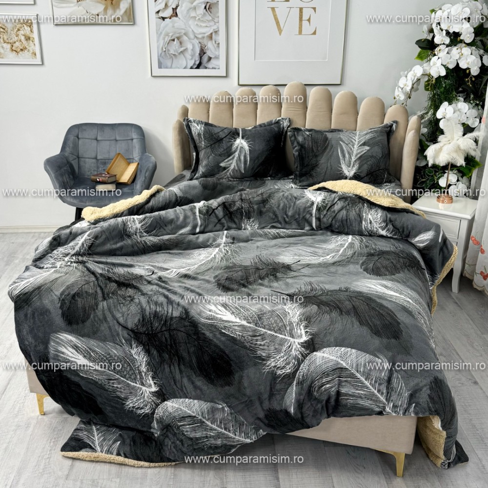 Lenjerie pat dublu, Super Pufoasa COCOLINO cu BLANITA, 4 piese, Gri, pene – imagine 8