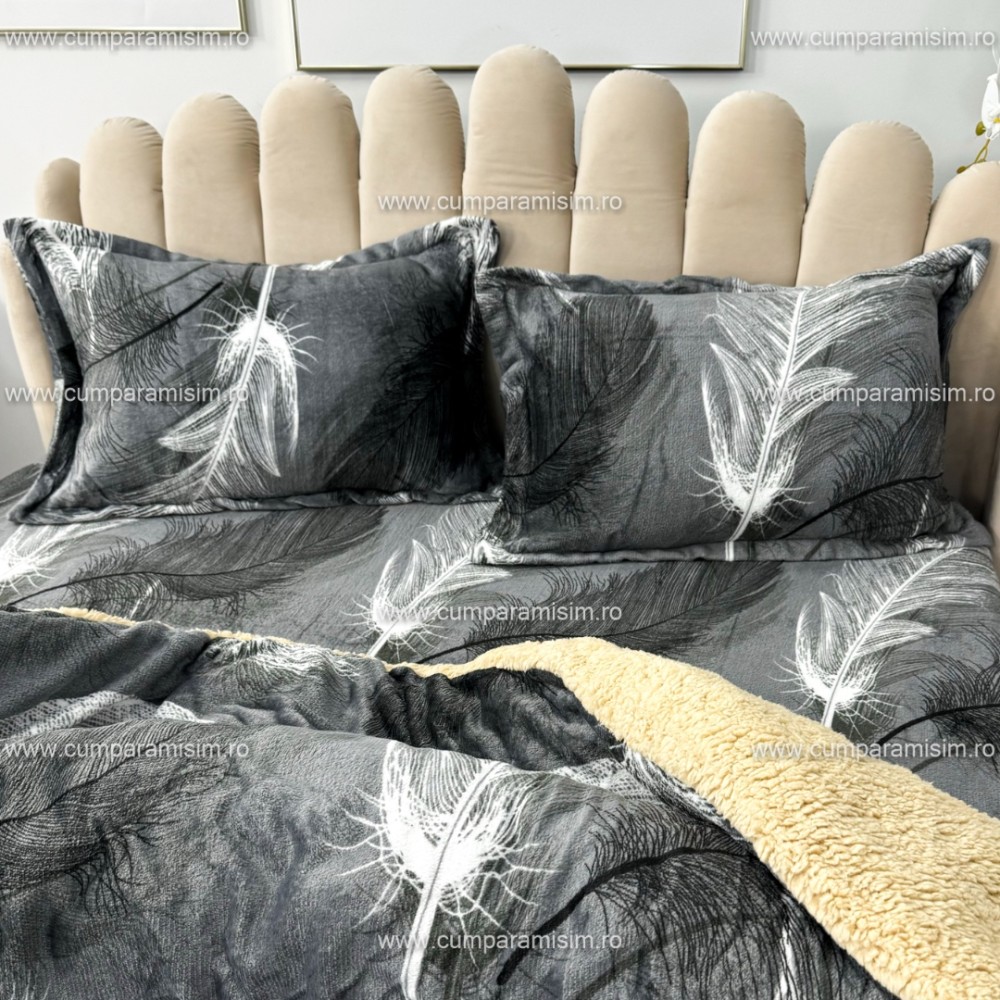 Lenjerie pat dublu, Super Pufoasa COCOLINO cu BLANITA, 4 piese, Gri, pene — imaginea 9