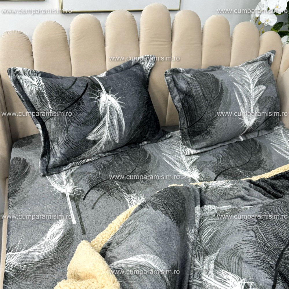 Lenjerie pat dublu, Super Pufoasa COCOLINO cu BLANITA, 4 piese, Gri, pene — imaginea 10