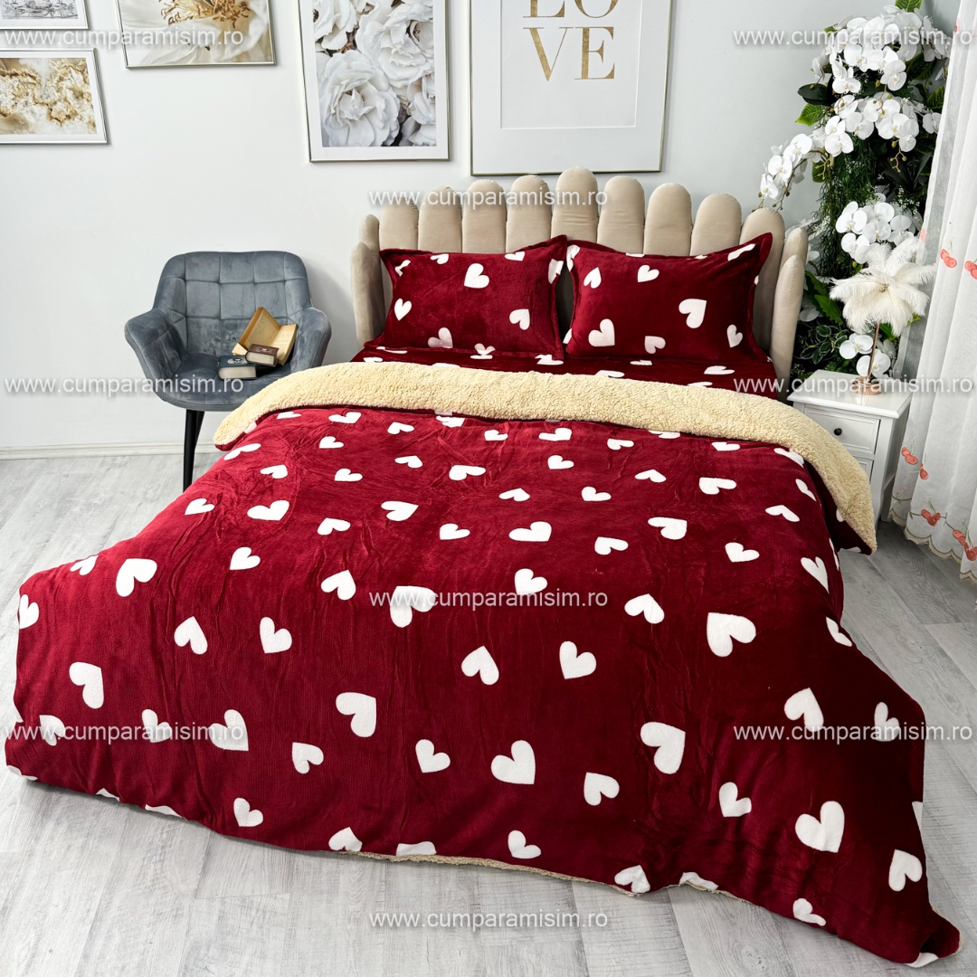 Poze Lenjerie pat dublu, Super Pufoasa COCOLINO cu BLANITA, 4 piese, Rosu, inimioare cumparamisim.ro