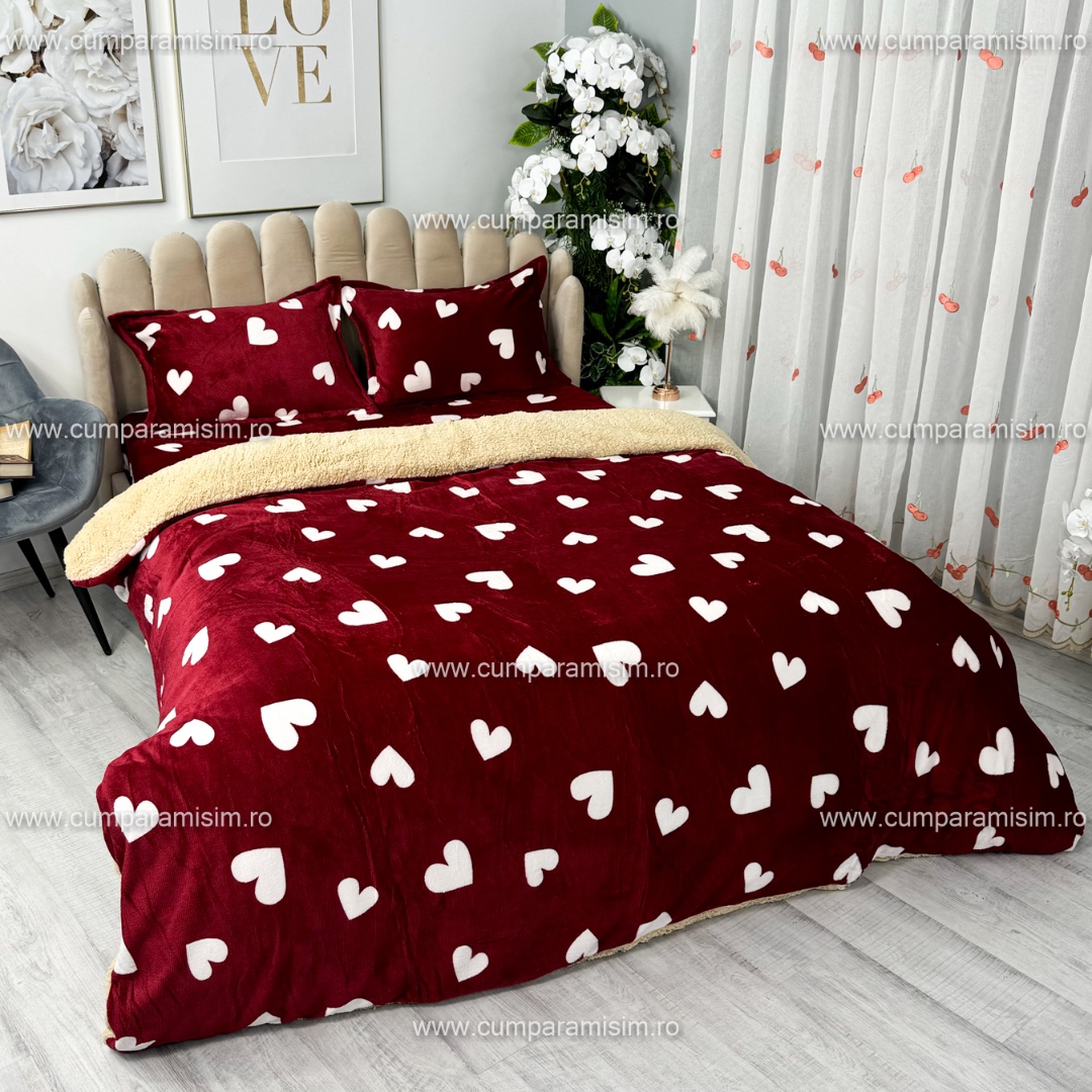 Poze Lenjerie pat dublu, Super Pufoasa COCOLINO cu BLANITA, 4 piese, Rosu, inimioare cumparamisim.ro