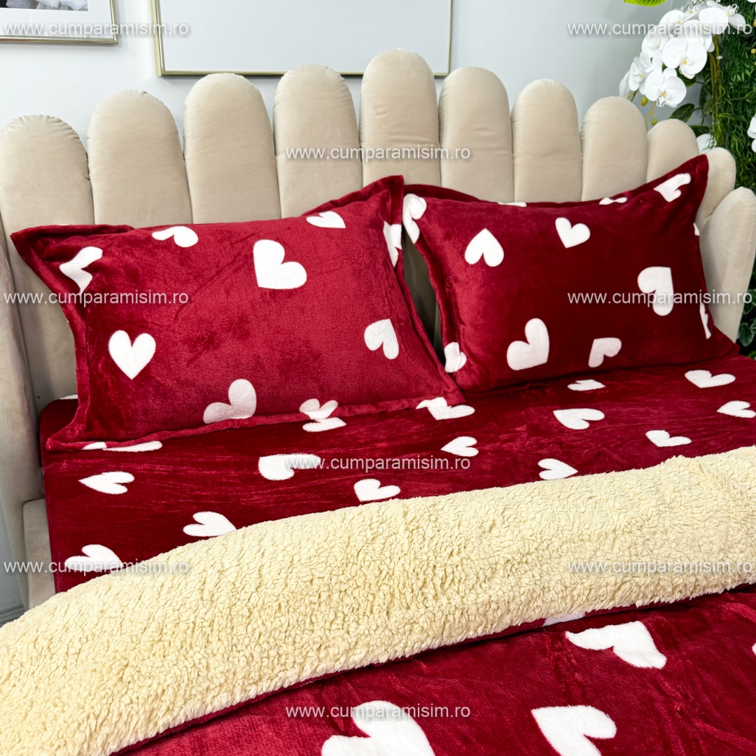 Poze Lenjerie pat dublu, Super Pufoasa COCOLINO cu BLANITA, 4 piese, Rosu, inimioare cumparamisim.ro